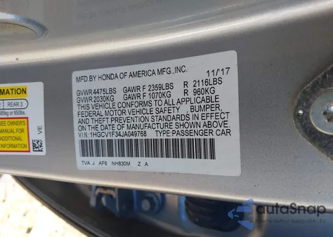 2018 Honda Accord Sport из США, поврежденный, VIN 1HGCV1F34JA049768